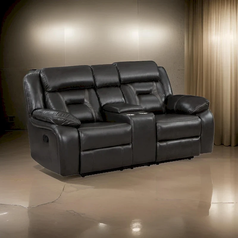 76 Inch Manual Dual Recliner Loveseat, Cupholders, Gray Faux Leather