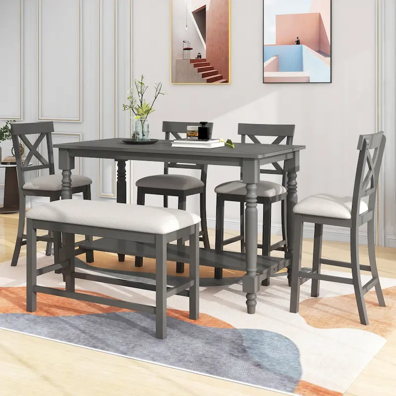 Nestfair 6-Piece Counter Height Dining Table Set with Chairs and Bench