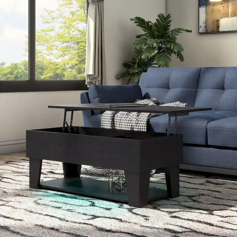 DH BASIC Modern 39-inch Lift-Top Coffee Table with 16 Colors LED Light and Hidden Storage