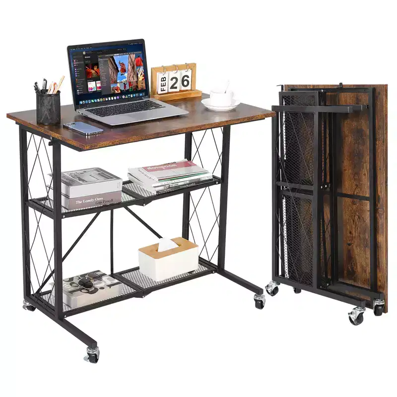 31.5 Inch 3 Tier Foldable Desk with Wheels, Large Capacity Shelving Unit, No Assembly Organizer Rack, for Kitchen, Living Room