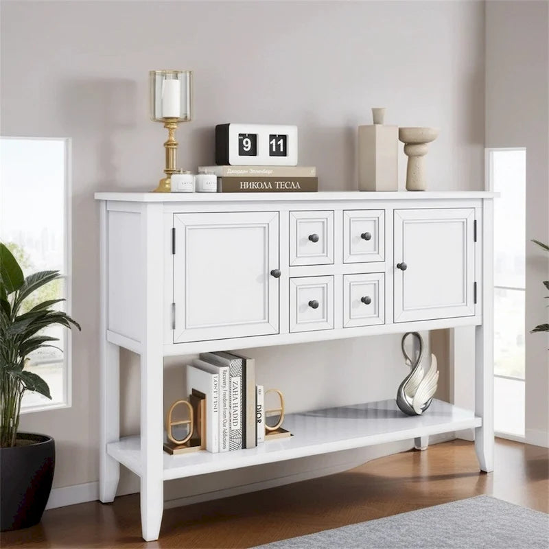 Vintage Console Table – White / Dark Blue / Lime White / Espresso, 4 Drawers, 2 Cabinets, Retro Style