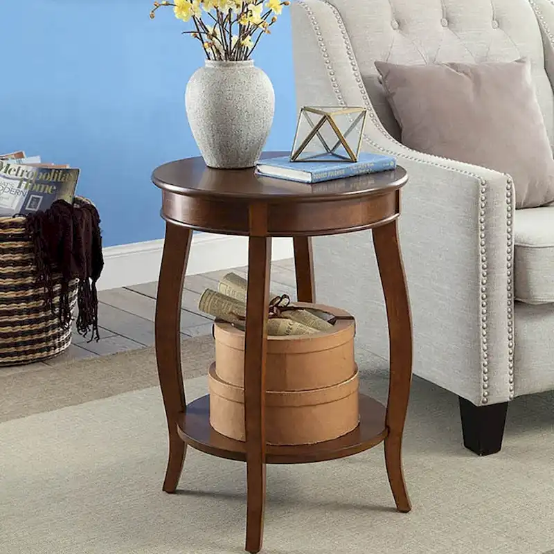 Walnut Round Side Table with Bottom Shelf