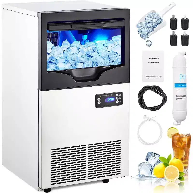 Acekool Commercial Ice Maker Machine, 110Lbs/24H with 35Lbs Storage Bin, Self-Cleaning Freestanding Ice Maker for Restaurant & Home
