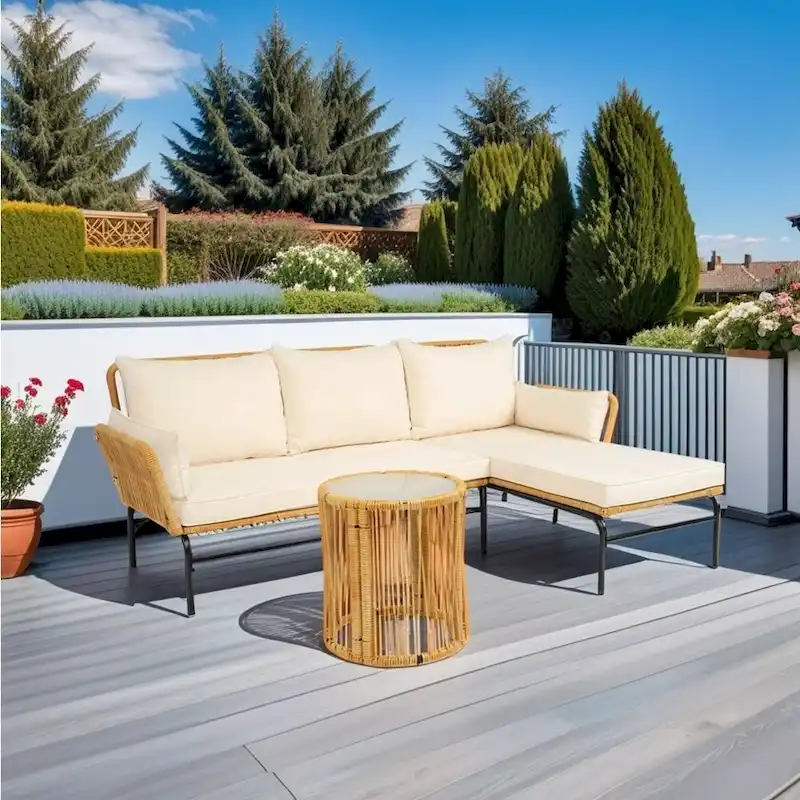 3 Pieces Outdoor Patio Wicker Furniture Sets Table and Chairs with 3.15-Inches Thick Cushion Outdoor Sofa Set