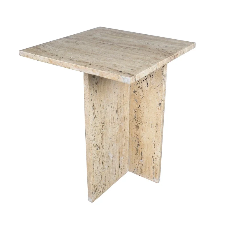 18.5 Contemporary Natural Marble Handmade T-Shaped End Table, Gray/Beige, by