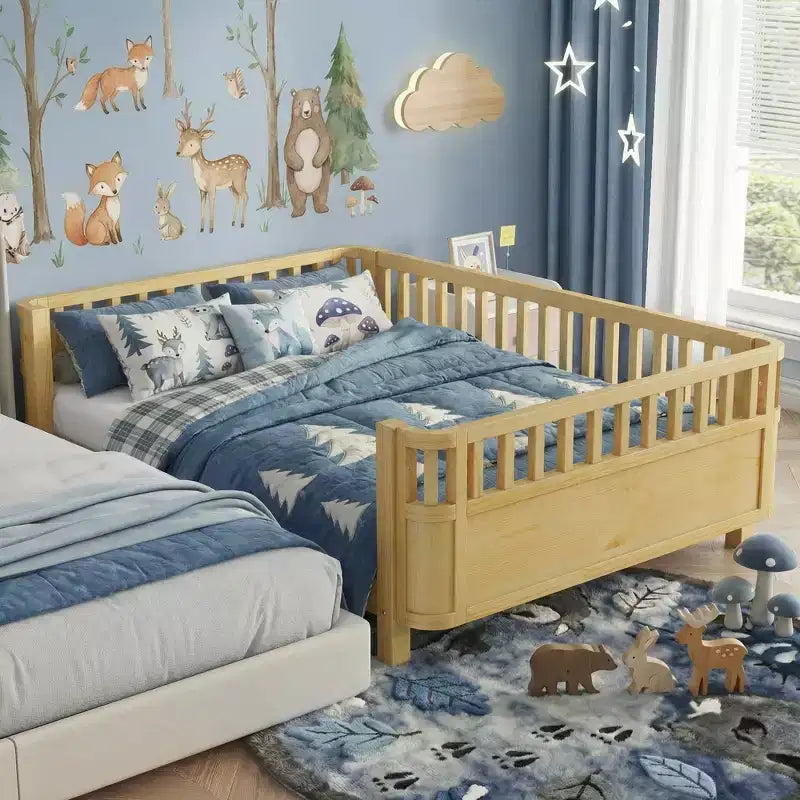 Full Size Wood Platform Bed for Kids with Safety Rails