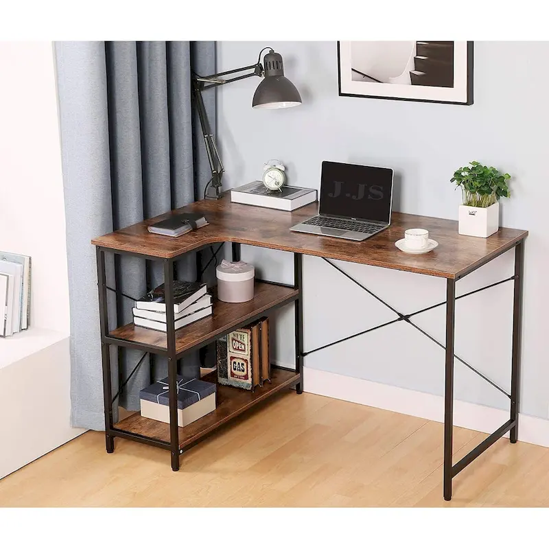 L-Shaped Home Office Corner Writing Computer Desk with Build-in Bookcase