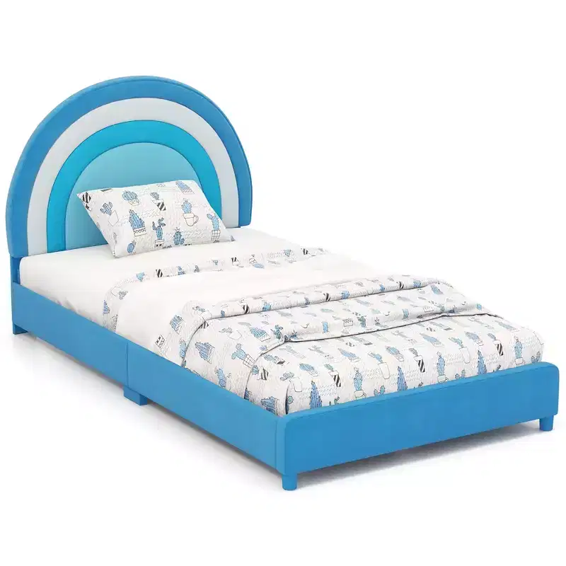 Costway Kids Twin Platform Bed Frame Upholstered Twin Size Bed w/ Wooden Slats Support