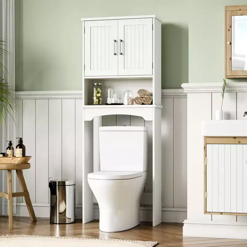 White Over-The-Toilet Storage Cabinet C Double Door Space Saver with Anti-Tipping Device & Open Shelf (Freestanding Bathroom Organizer)