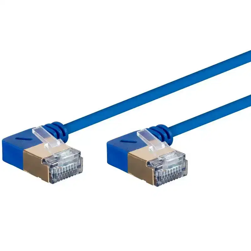 Monoprice SlimRun Cat6A Ethernet Network Cable/Cord - Blue - 3 Feet | 90 Degree Angled, 36AWG, S/STP