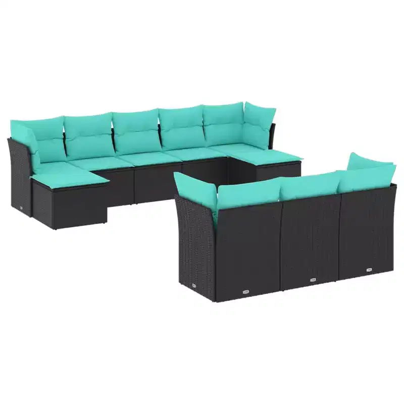 vidaXL 10 Piece Patio Sofa Set with Cushions Black Poly Rattan