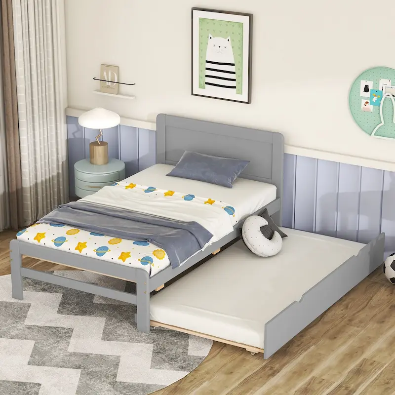 Grey Solid Wood Twin Bed with Pull-Out Trundle, No Box Spring Needed