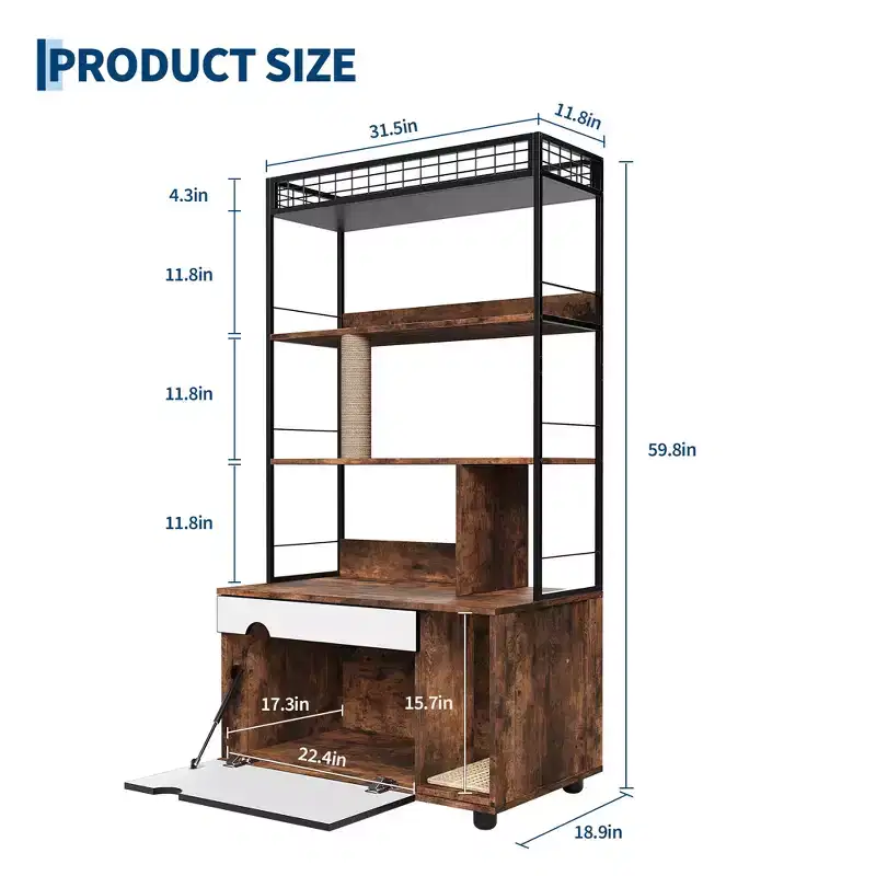 COZONY Hidden Cat Litter Box Furniture, Wooden Cabinet Enclosure with Storage Shelves and Scratching Post, Indoor Pet House Organizer