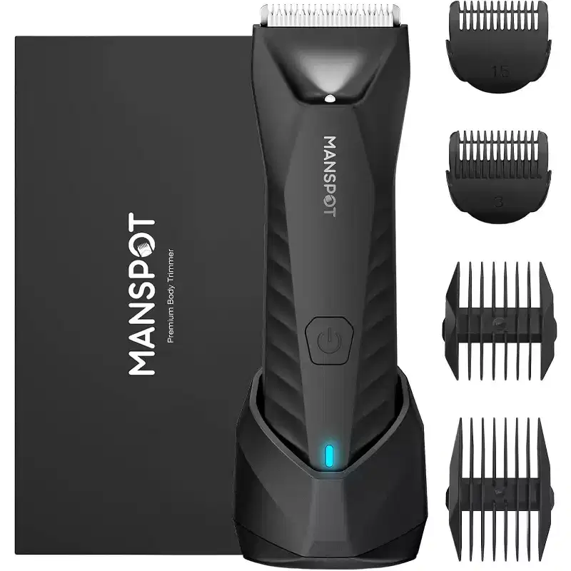 Manspot body trimmer for men, replaceable ceramic blade heads, waterproof, with standing recharege dock, black