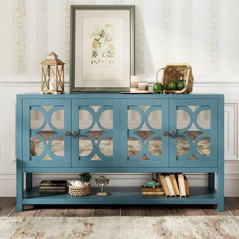 Elegant Retro Console Table with Mirrored Doors, Spacious Shelves and Durable Acacia Wood Legs