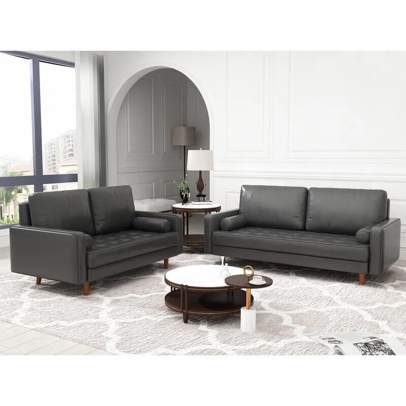 2 Piece Mid-Century Square Arm Leather Sofa Living Room Set - Sofa Width:70 &Loveseat Width:58
