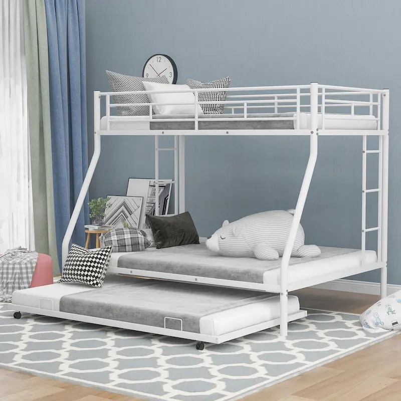 Bed with Sturdy Steel Frame, Bunk Bed with Trundle, Two-Side Ladders