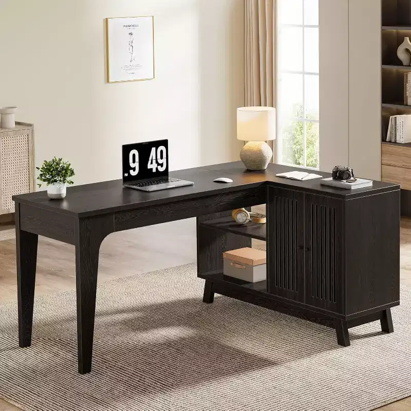 57" L-Shaped Computer Desk with Storage Cabinet for Home Office