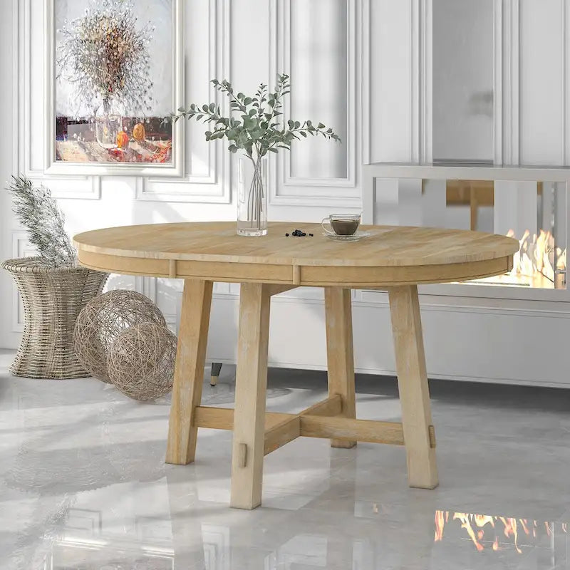 Farmhouse Round Extendable Dining Table with 16 Leaf Wood Kitchen Table