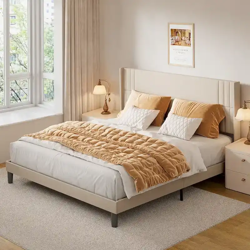 Twin/Full/Queen/King Bed Frame with Wingback Headboard, Upholstered Platform Bed