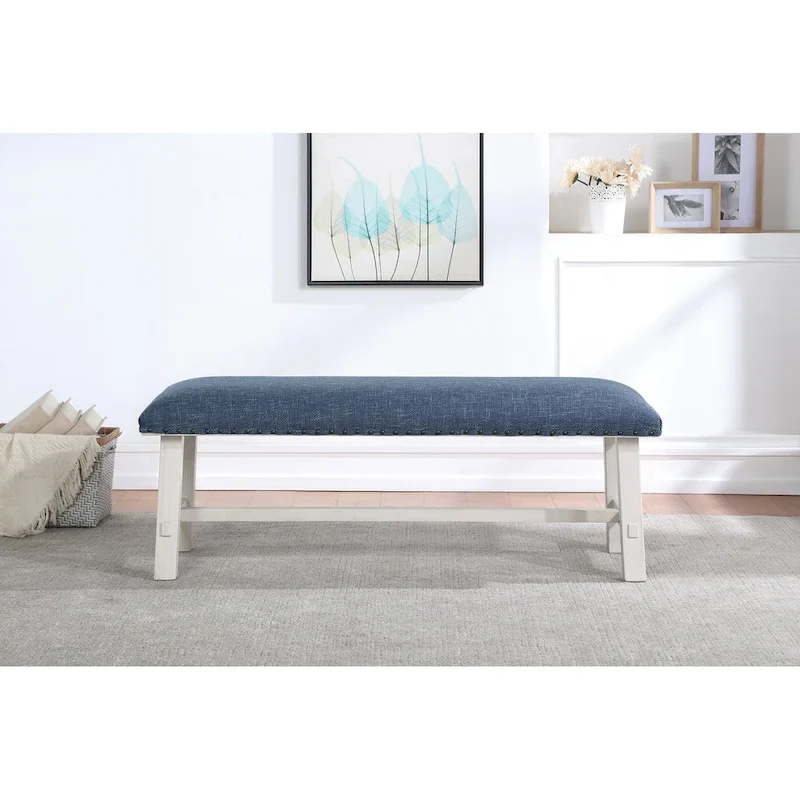 Bench with White Wash Frame and Antique Bronze Nailhead Trim in Navy Fabric