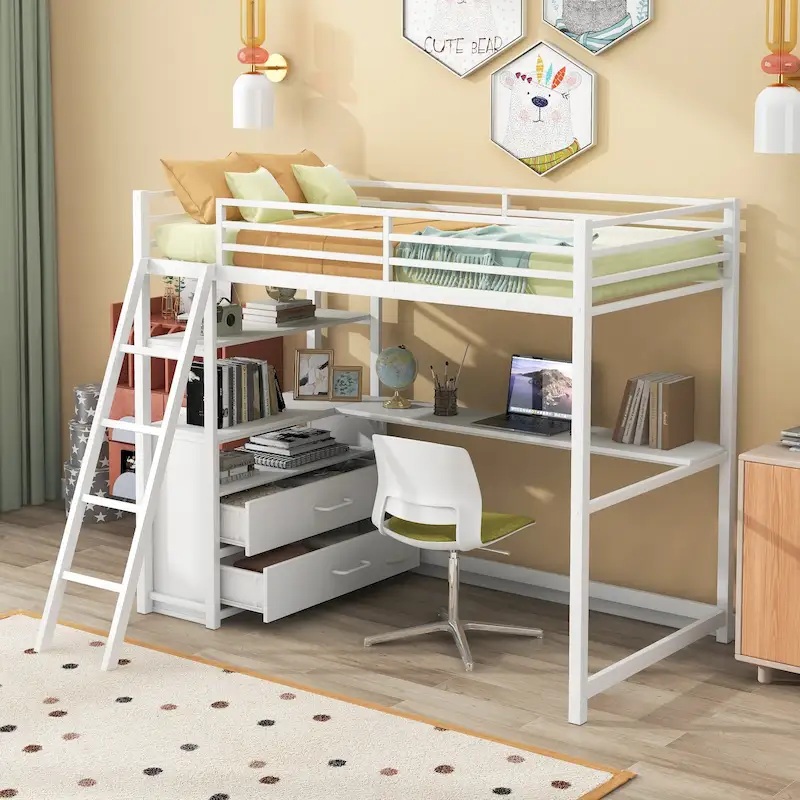 Twin Size Loft Bed with Desk, Shelves and Storage Drawers