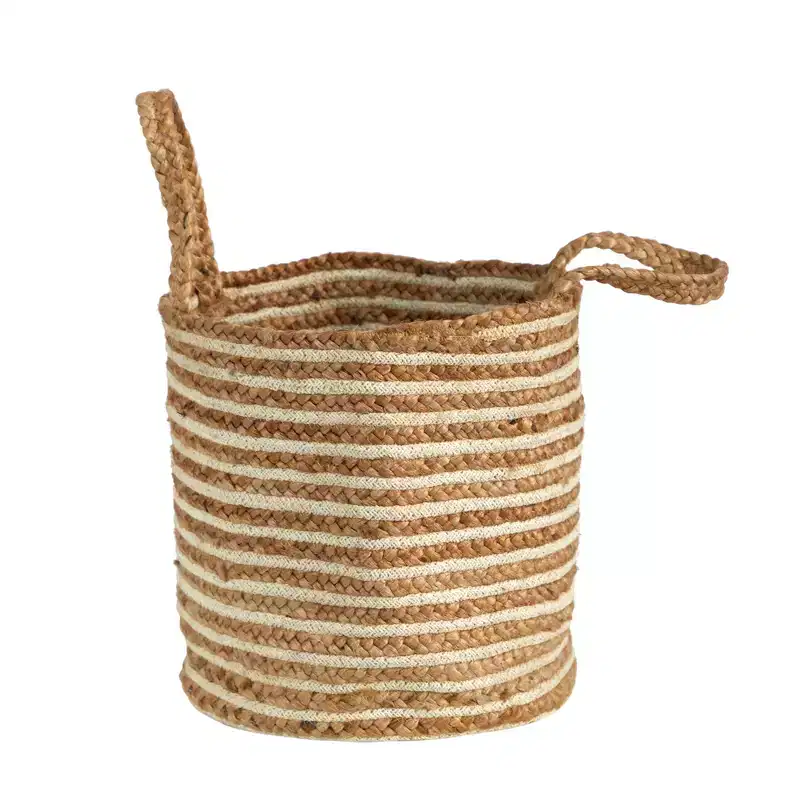 Nearly Natural 14-in Boho Chic Basket Planter Natural Cotton and Jute, Handwoven Stripe with Handles