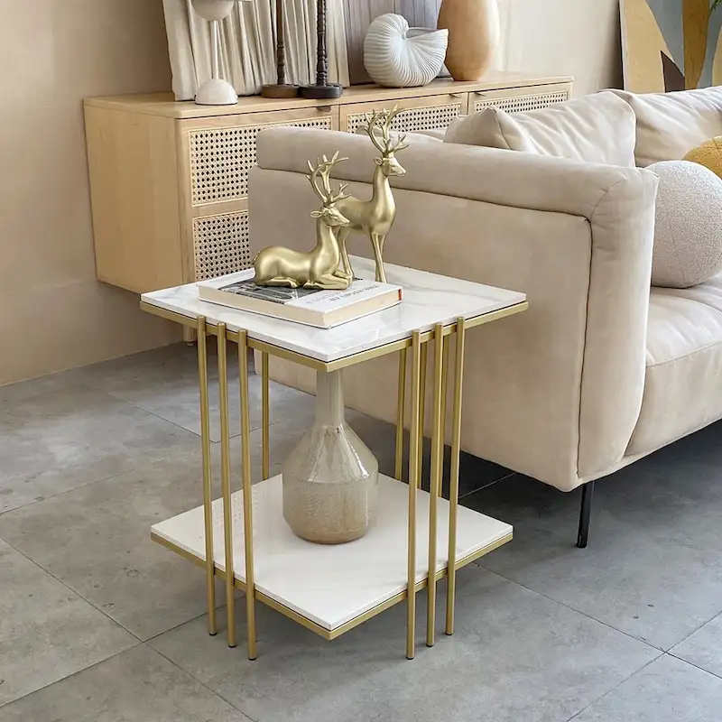 Marble Top Side Table 2 Tier Square Accent End Tables