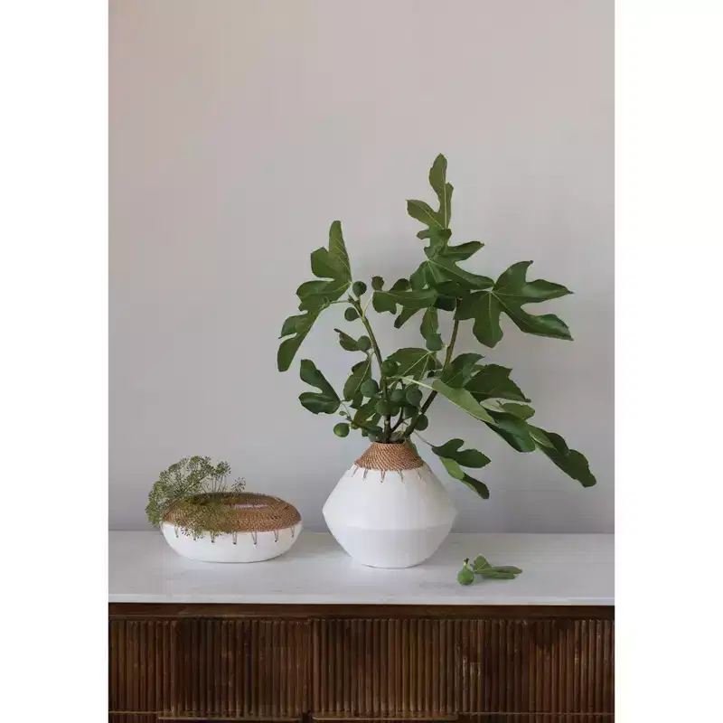 Storied Home Handmade Terra-cotta Planter with Hand-Woven Rattan Stitching