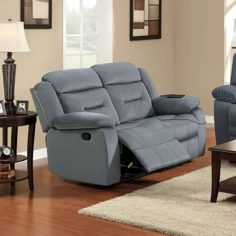 Niko Manual Recliner Loveseat, Light Gray Velvet, Solid Wood, 60 Inch