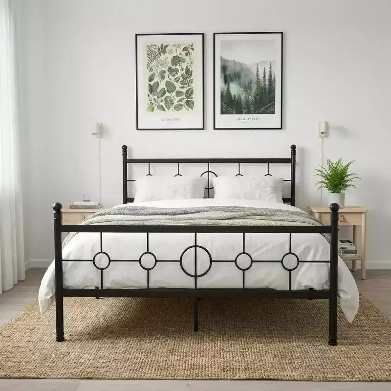 Metal Platform Bed Frame with Vintage Circular Headboard, No Box Spring, Black