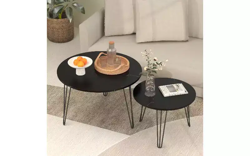 TUYOHW 2-Piece Nesting Round Coffee Table Set, Imitation Marble Top Metal Frame Center Table for Living Room, Circular Nesting End Table Set
