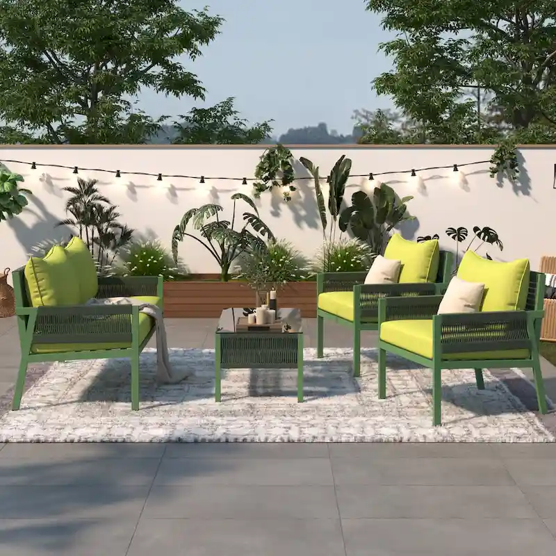K&K 4-Piece Rope Patio Patio Conversation Set Deep Seating with Thick Cushion