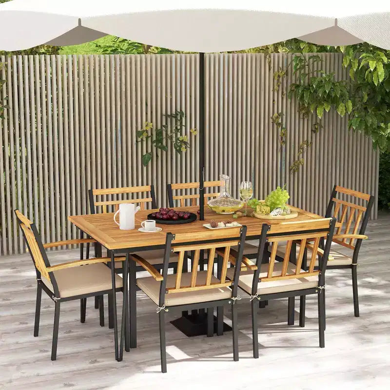 Costway 7 PCS Patio Dining Set with Acacia Wood Dining Table Rattan Armchairs Soft Cushions