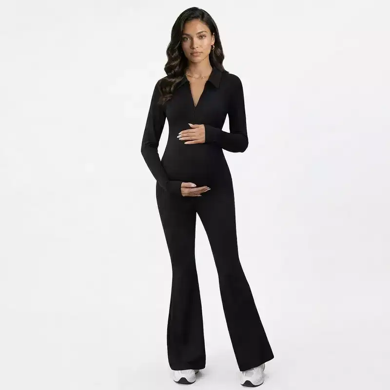 Anna-Kaci Women's Maternity Long Sleeve Jumpsuit with Collar V Neck Stretch Fabric Flare Leg Fitted Comfortable Design