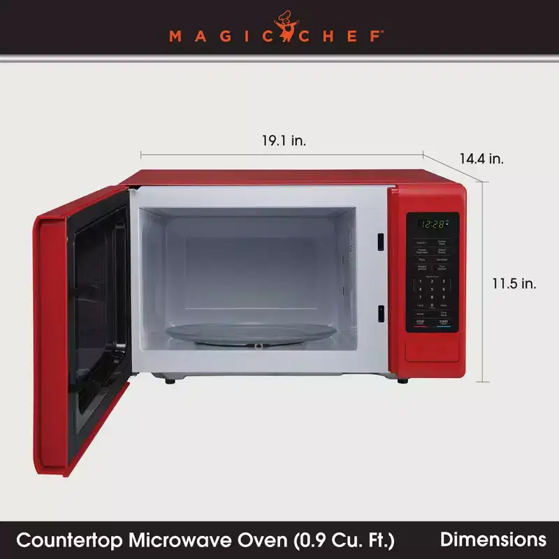 Magic Chef 0.9 Cubic Feet 900W Small Stainless Countertop Microwave Oven, Red