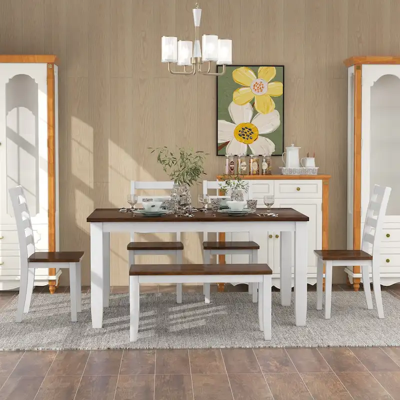 Rustic Style 6-Piece Dining Room Table Set with 4 Upholstered Chairs & a Bench