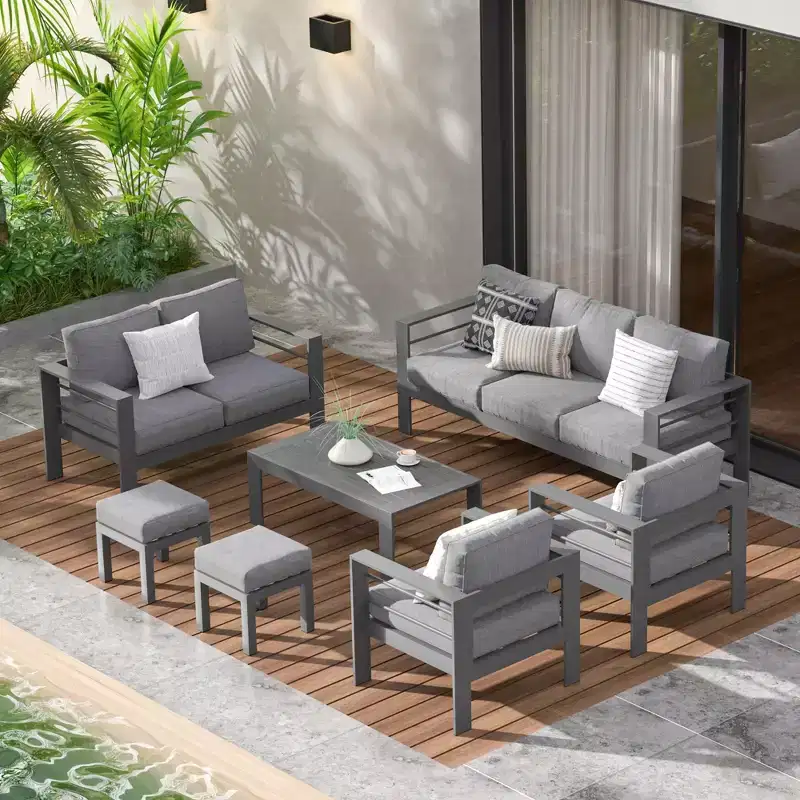 Heynemo Aluminum Outdoor Patio Furniture Set with Footrest, Outdoor Sectional Metal Sofa with 5'' Cushion & Coffee Table for Balcony, Garden