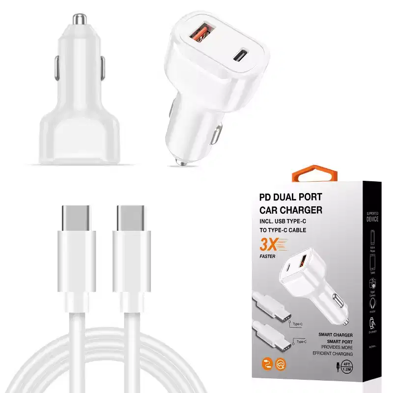 36W PD Dual Ports Travel Car Charger Adapter Fast Charging with USB-C to Type-C Cable