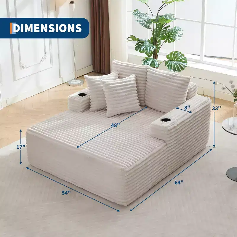 64 Oversized Corduroy Chaise Lounge Chair, Boneless Sleeper Sofa Bed Couch with Cup Holders & 2 Pillows, No Assembly Required