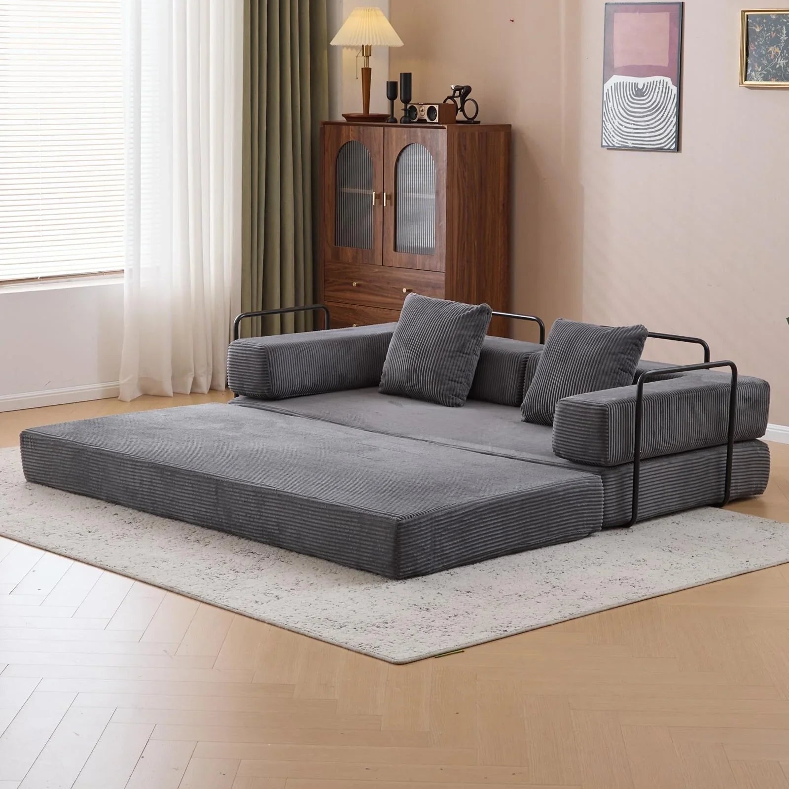 Convertible Floor Sofa Bed with Pillow Back Chenille Fabric for Living Room Bedroom