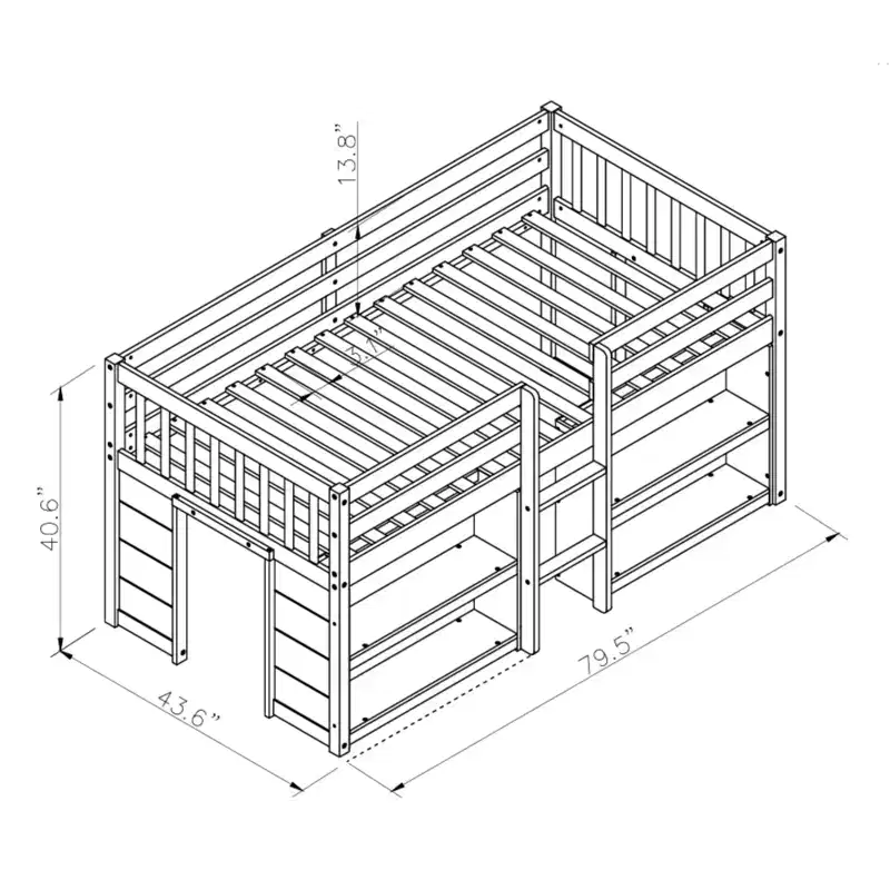 Bellemave Twin Low Loft bed With Two-Tier Shelves and LED Light,Pine Low Loft Bed Frame with Kid-Friendly Design,No Box Spring Needed