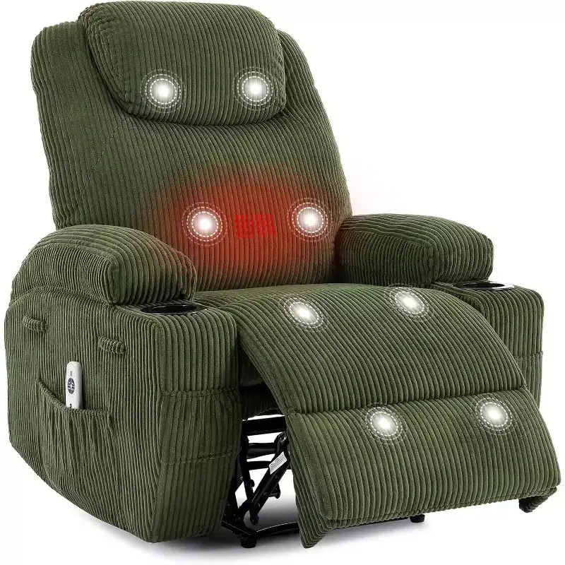 Recliner Chair with Massage and Heat, 135 Adjustable Corduroy Single Sofa for Living Room & Bedroom, Cup Holders & Pockets