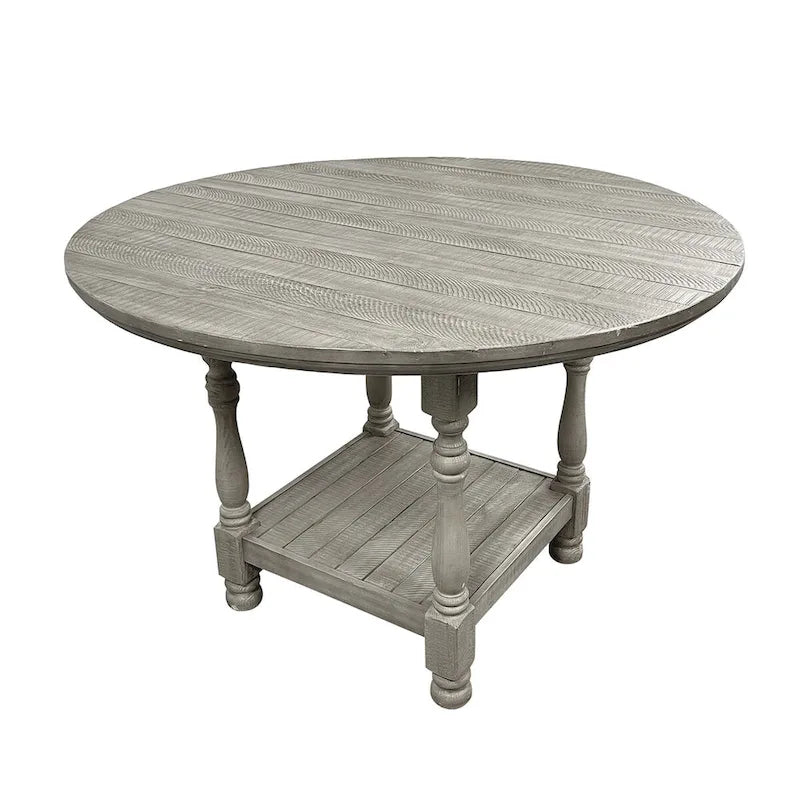 Round Counter Height Dining Table – Light Grey, Wood, Column Legs, Bottom Shelf, Seats 4