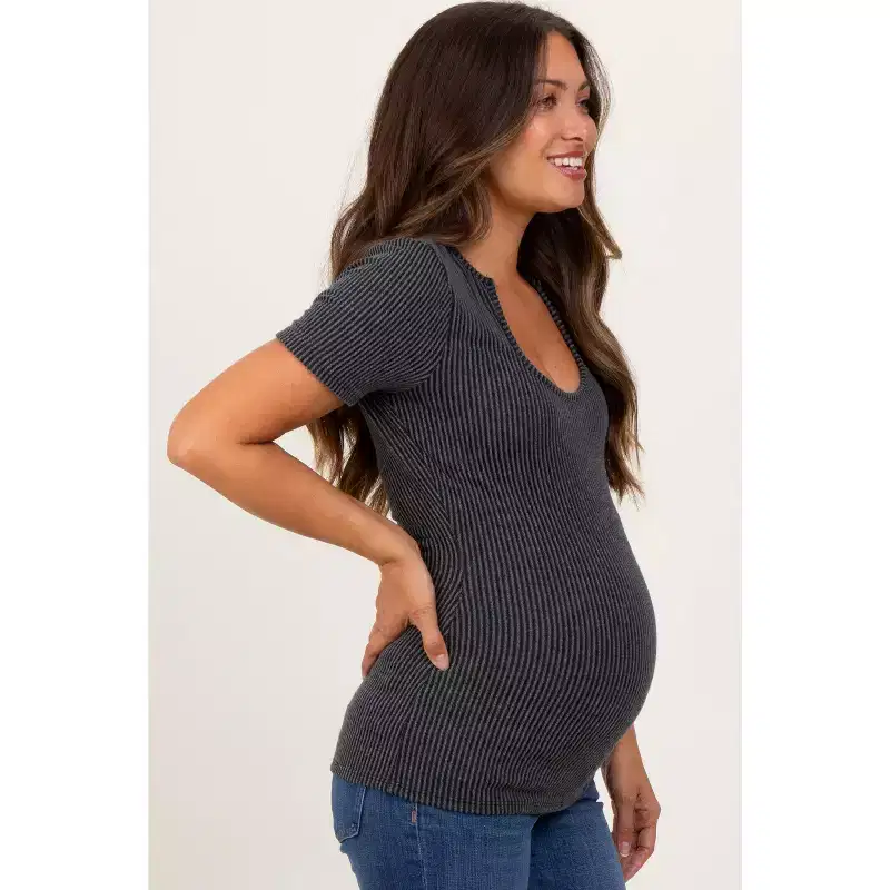 Pinkblush Charcoal Solid Ribbed Short Sleeve Round Neck Basic Maternity Top