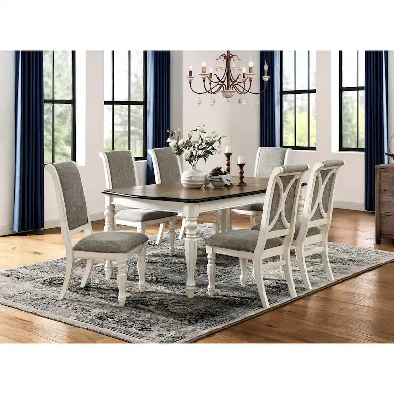 Roundhill Furniture Belleza French Country 7-Piece Dining Set in Antique White and Weathered Oak Finish