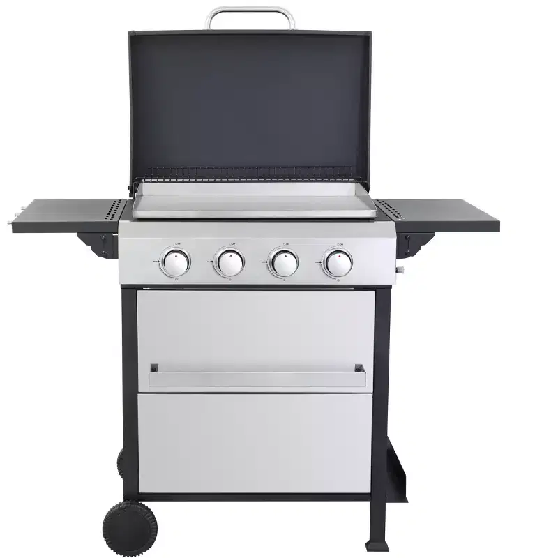 TUYOHW 4-Burner propane Gas BBQ Grill,49200BTU Output Outdoor Grill with Hanging Basket&Foldable Side Table,Enameled Cast Iron Cooking Grids