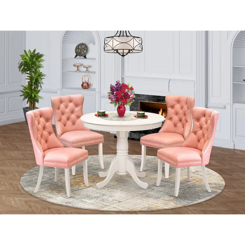 East West Furniture Dinette Set Consists of a Round Kitchen Table and Upholstered Chairs, Linen White (Pieces Options)