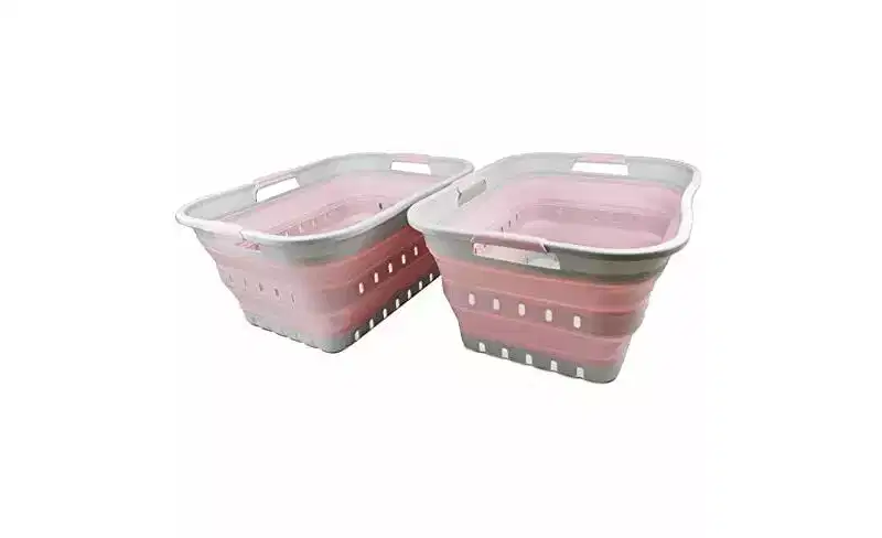 SAMMART 42L (11 gallons) Collapsible Plastic Laundry Basket Set of 2, Grey/Pale Pink