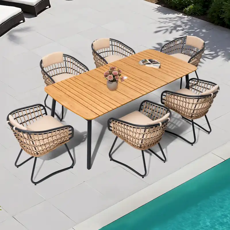 7-PC Outdoor Patio Dining Set Rectangular Aluminum Table with Umbrella Hole with Rattan Chair